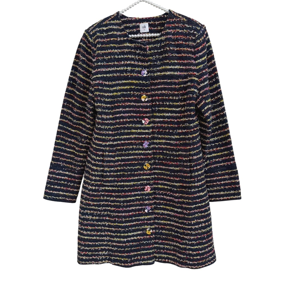 Cabi Headline Topper Tweed Coat Multicolor Floral Button Stripe Long Jacket 12